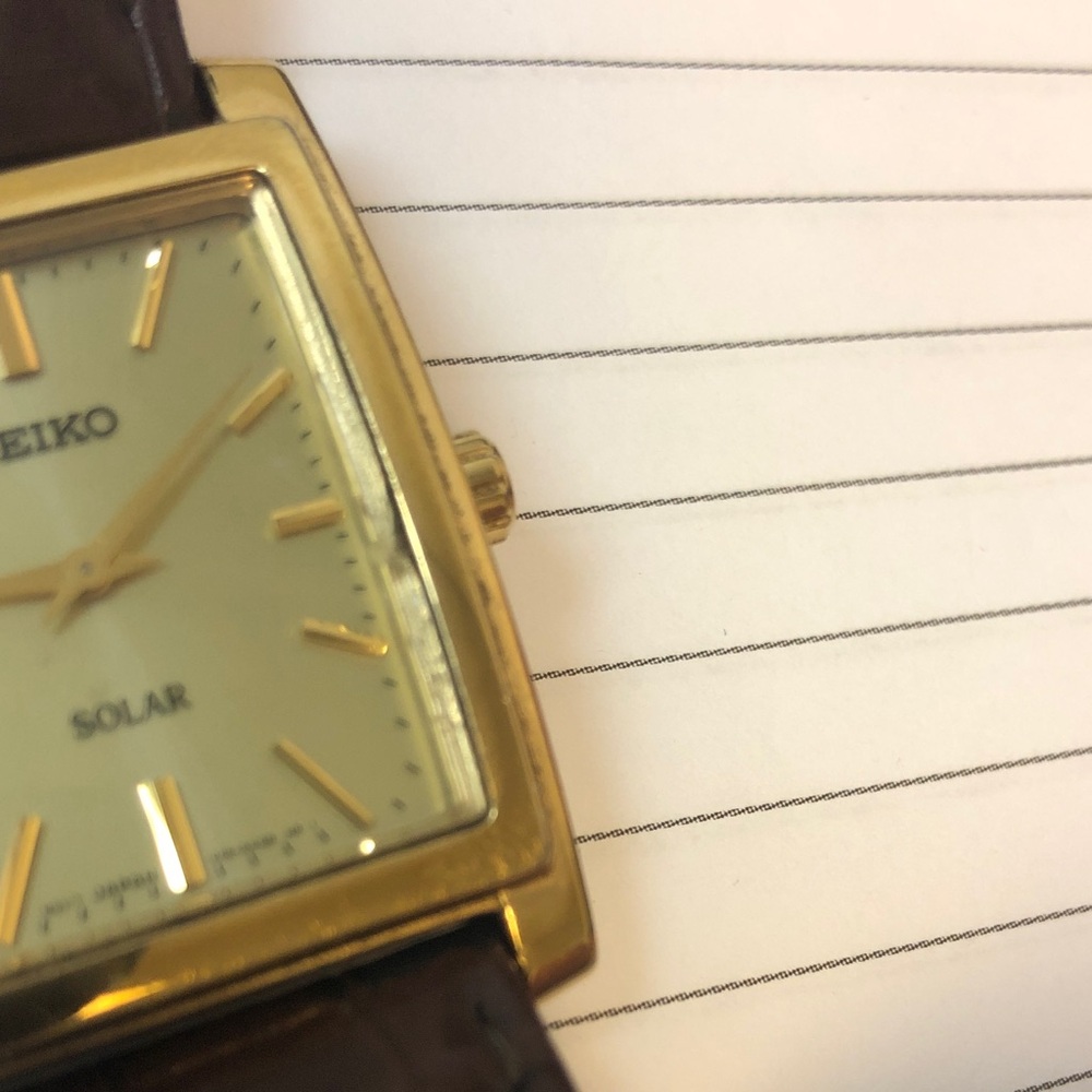 Mens Seiko Gold-Tone Rectangular Solar Watch with Brown Strap - Picture 7 of 8